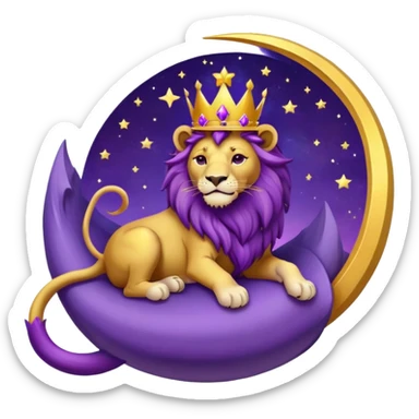 Lion with a crown sitting on a purple crescent moon  sticker