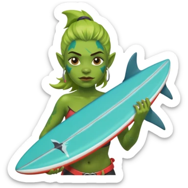 orc female holds a little surfboard with a shark painted vertically in his hands sticker