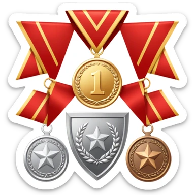 Icon for Collecting Orders, Medals & Badges: a variety of medals, orders and badges displayed on a large red pennant with fringed edges. The icon should convey the prestige and historical value of these collectibles. Transparent background. sticker