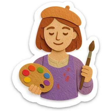 Serene female oil painter, Caucasian features, shoulder-length auburn hair, soft brown eyes, gentle smile, wearing a violet painter’s smock lightly stained with paint over a beige blouse, holding a wooden palette with vibrant colors in one hand and a brush in the other, waist-up, front-facing sticker