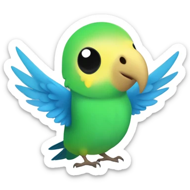 budgie with a green body and green and black wings and a yellow head with a blue nose sticker