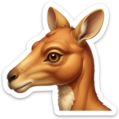 Cinematic Noble Adult Red Kangaroo Portrait Emoji, Poised and regal, with a robust, muscular build, tawny reddish fur, and a distinctive camel-shaped head featuring a slightly elongated snout, prominent ears, and keen, observant eyes, Simplified yet sharp and sophisticated features, highly detailed, glowing with a warm, sunlit glow, high shine, intelligent and commanding, stylized with an air of outback authority, focused and vigilant, soft glowing outline, capturing the essence of a watchful guardian that seems ready to bound out of the screen with effortless power! sticker