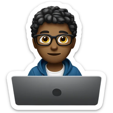 programmer on his laptop, white skin, looking front, darker skin, Black glasses, not blonde, sitting at a workstation with a gaming chain sticker