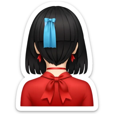 a girl back view that have a red ribbon in the middle of her hair the hair is black  sticker