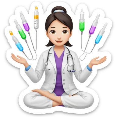 emoji of an asian woman with a single bun in a white lab coat sitting cross legged with a pipettes levitating in an arc around her head sticker