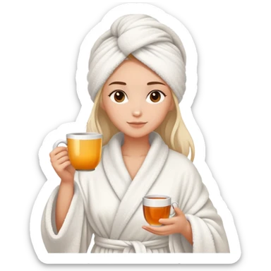 girl hair wrapped in towel wearing robe holding tea sticker