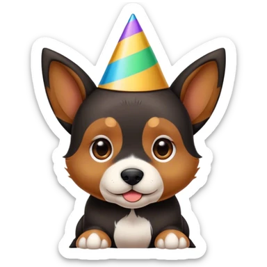 A black and brown pointy ear puppy without white with pointy ears with party hat sticker