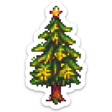 A pixel art style business card with a green background and yellow text, featuring a pixelated tree icon. sticker