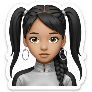 Left Eye from TLC with long black ponytail hair, silver outfit sticker