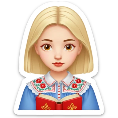 A Ukrainian girl in an embroidered shirt reads a red book sticker