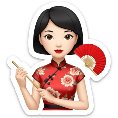 a chinese woman wearing a cheongsam holding a folding fan elegantly with fancy, red lipstick and short black hair sticker