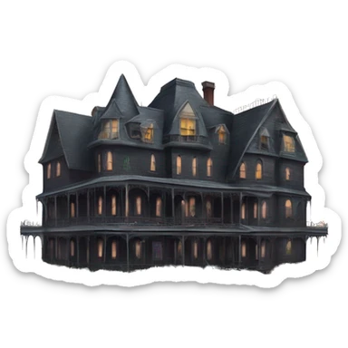 Dark dilapidated 8 story sprawling Haunted Addams manor hotel with attached garage step-van  sticker