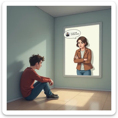 A modern person sitting alone in the corner of a room, looking distressed after seeing their real self in contrast to their idealized image posted on social media, realistic illustration style sticker