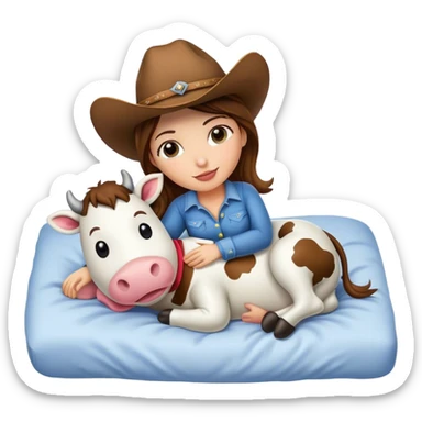 Cowgirl cuddling stuffed cow in bed  sticker