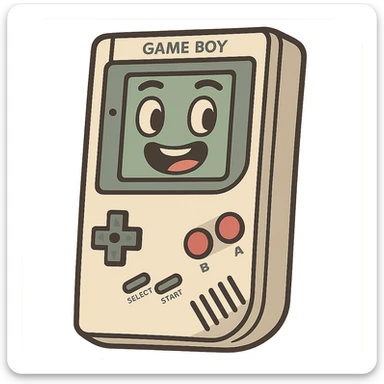 GameBoy, flat icon style, bold outlines, limited colors, simplified details, classic handheld shape, designed for digital interfaces sticker