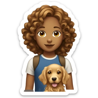 Tan skinned girl with  long brown curly hair with a golden retriever puppy sticker