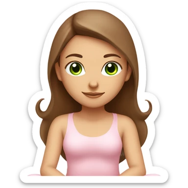 Brown long hair and green eyes yoga girl in light pink clothes sitting on a yoga mat sticker
