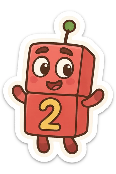 Numberblock 2, smiling block with two stacked squares, number 2 on the front, playful and colorful, cartoon style sticker