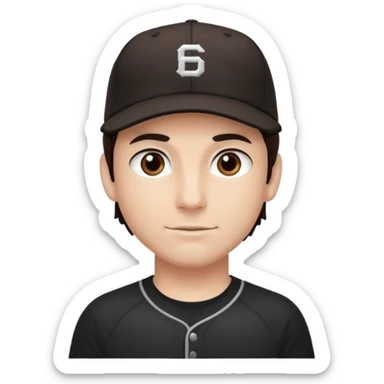 male, dark brown hair, dark brown eyes, fair skin, black baseball hat, dry fit tee sticker