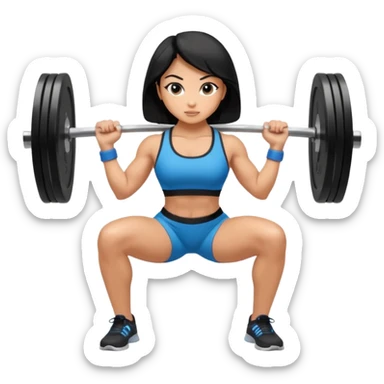 Fitness girl doing the squat with bar and weight, black hair sticker