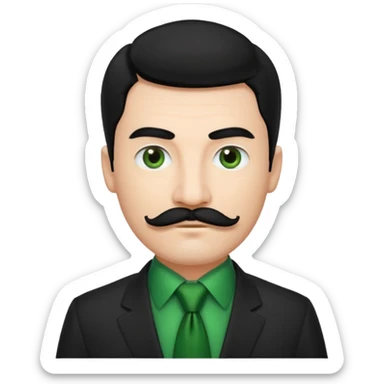 ["Fair-skinned man with black hair and a moustache, wearing a dark suit and green tie."] sticker