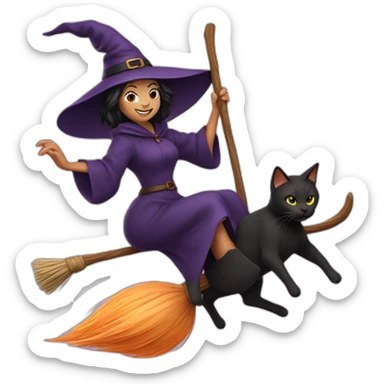 witch with cat on a broom  sticker