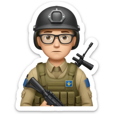 Ukrainian intelligance agency warrior man in platecarrier with nato riffle in helmet and glasses sticker