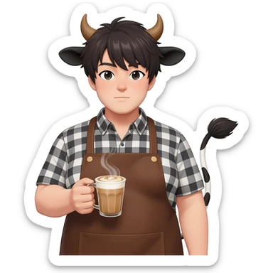femboy in a checkered shirt with extra large fat tits with cow ears and cow tail dressed like barista in brown apron with latte in his hand sticker