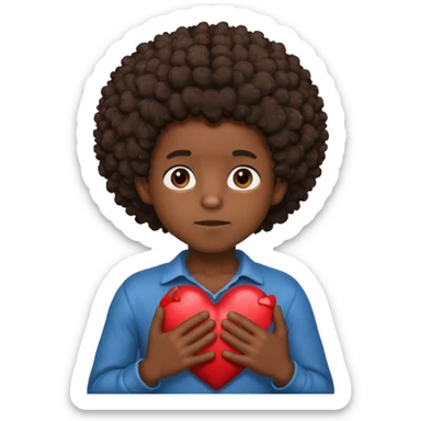 I want a black boy with chocolate skin and a small messy afro holding a heart close to his chest with his hands over the heart as if to present it to someone he loves. sticker