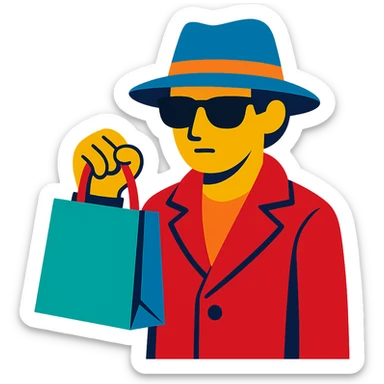 mystery shopper character holding a shopping bag, wearing sunglasses and a hat, vibrant toon style sticker