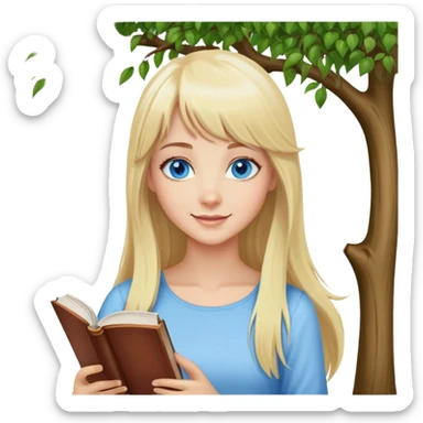 Woman on top of a tree, blue eyes, long blond hair, bangs in front, happy with a book. sticker