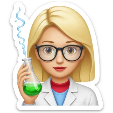 Eine hellblonde Chemikerin mit typischem Erlmeyerkoblben in der Hand und Chemiebrille auf sticker