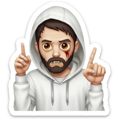 zombie pointing finger wearing plain white hoodie with no designs, dark brown hair and short full beard sticker