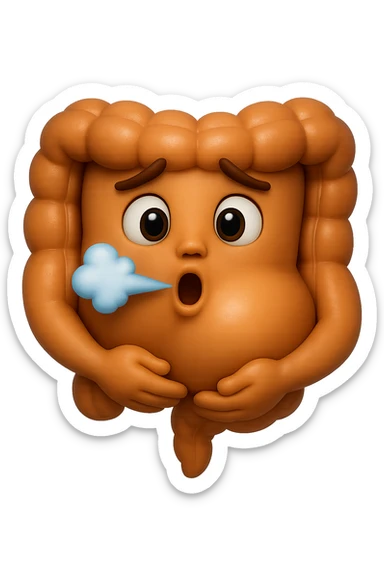 emoji stile iphone di un intestino che ingoia una nuvoletta di aria ben visibile e gli si gonfia la pancia, non fargli il naso, iperrealistico 4k sticker