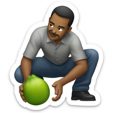 The same man bending down to pick up fallen limes on the floor . sticker