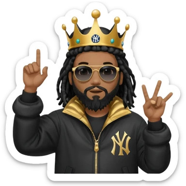 African American man with shoulder length black dreadlocks with black beard wearing black sunglasses wearing Crown on his head wearing a black bubble m New York Yankees logo winter coat pointing at himself sticker