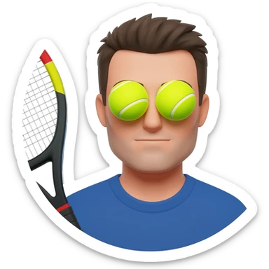 make a circular imogi of man with padel bat with balls as eyes sticker