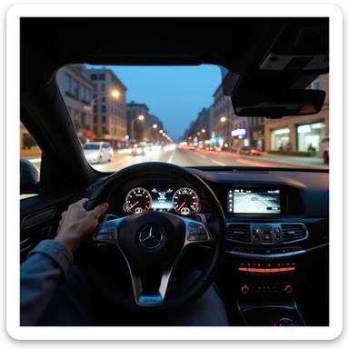 Mercedes E63 2024, immersive cockpit POV, left hand on steering wheel, night cityscape of Bucharest visible through windshield, motion blur, highly realistic sticker