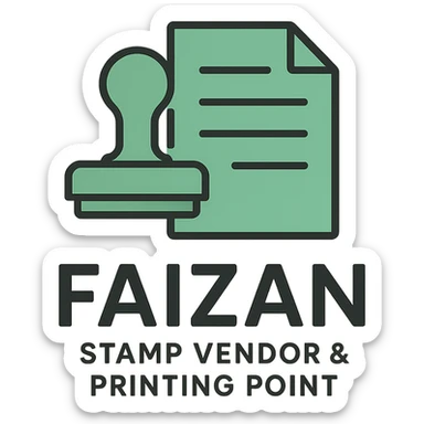 logo for 'Faizan Stamp Vendor & Printing Point', minimalistic design, abstract stamp and paper elements, green and gray palette, contemporary style sticker