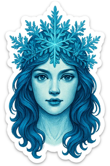face with blue snowflake crown, digital illustration sticker
