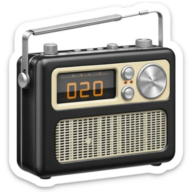 A black and white icon of a vintage handheld transistor radio sticker