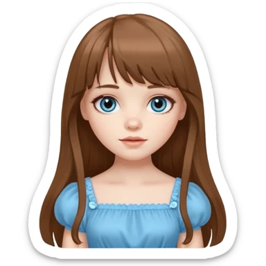 A pale girl with very long brown hair with bangs and a layer longer than that, wearing a cute sky blue dress and cute doll makeup.  sticker