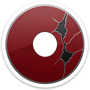 Minimalist emoji-style sticker of a single CD with a sharp crack and a dried blood spot. View from above, black, gray, and muted red.
 sticker