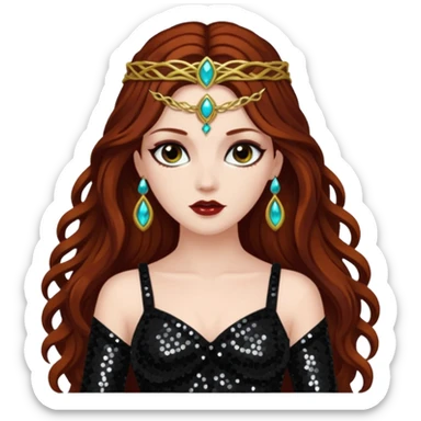 Persephone, Goddess of Death from Gods and Goddesses with long dark auburn hair, black sequin outfit sticker