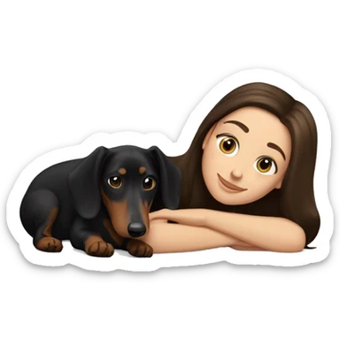 Brunette white girl laying with black dachshund  sticker
