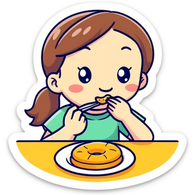 A girl eating a number 8 sticker