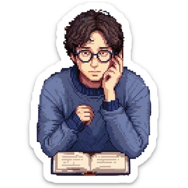 Flat pixel are, calm and curious male thinker, light skin, short tousled dark hair, round glasses, focused expression, wearing an indigo sweater, seated at a desk with open books, one hand resting under his chin in thought, waist-up, front-facing sticker
