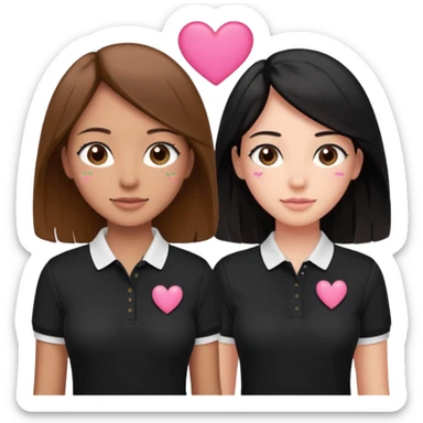 Dos mujeres juntas que una sea de color trigueña cabello castaño con una raya en medio polo blanco y de color blanca cabello largo negro polo negro, y tengan un corazones rosados pequeños  arriba sticker