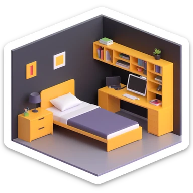 3D layout of teen bedroom with bed against wall, corner desk, and storage units sticker