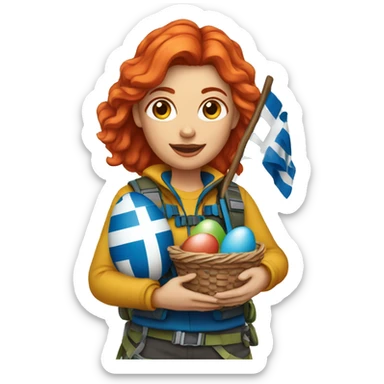 Female mountain climber red hair with Greek flag and holding Easter eggs basket sticker